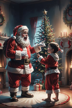 2D, creepy, cute Santa Claus and one little boy, ,they are pointing and looking at each other,the boy is wearing (pajamas),
Christmas presents around there,Christmas tree in front of　fireplace,light from fireplace makes beautiful gradient of shadow and adds depth to image ,dark living room background,(style of Skottie Young:1.3) 
(masterpiece,best quality:1.5),PEOPShockedFace,shocked face