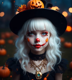 (Best Quality, 8K, 32K, masutepiece:1.3), Ultra-detailed, (Photorealistic:1.4), white colors, albino,15yo cute Girl with Halloween heavy paint on her face, Detailed eyes, Upper body, Luxurious punk hair, Edgy Halloween fashion,(Halloween atmosphere),in Gothic Haloween costume and hat, Pumpkin motif accessories,necklace and earrings,  Avant-garde Halloween makeup, Numerous piercings,,night sky background, Backlight effect, Shallow depth of field, Blurry background,score_9, score_8_up, score_7_up, score_6_up, score_5_up, score_4_up,