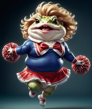 portrait of Dressed animals - a (fat) baby toad cheerleader,(cheer dancing:2.0),(jumping:2.0), high quality,(happy smile:1.2),(lovely) ,intricate details, highly detailed ((cheer costume)) ,highly detailed cheer clothes, holding pom-pom ,(passion) , highly detailed hair ribbon, (happy), studio lighting,(full body image:1.5)comic book,comic book
