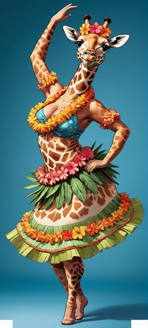  portrait of Dressed animals - a ((fat)) cute giraffe hula dancer,(hula dancing:2.0), (swinging arms :2.0),(happy smile:1.2),high quality,(happy),(lovely) ,intricate details, (furry), highly detailed ((female hula dancer's costume)) ,highly detailed decorations, wearing (bikini) and flower lei , (happy), studio lighting,(full body image:1.5),simple background,(viewed from side:2.0),comic book