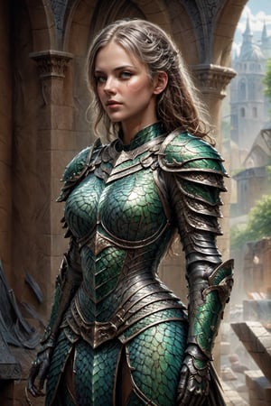 (((Top Quality: 1.4))), (Unparalleled Masterpiece), (Ultra High Definition), (Art by Carne Griffiths), (Ultra-Realistic 8k CG), official art,attractive posing, female gladiator, stunningly beautiful cleaned face,highly detailed armor , messy Hair,  muscular_body:1.4, tanned skin:1.4,,large breasts,( ruins background),sunlight makes beautiful gradient of shadow and adds depth to image, (muted colors, dim colors, muted tones: 1.3), low saturation, (hyper detail: 1.2), perfect anatomy,(upper body image :1.5),Female,dragon armor