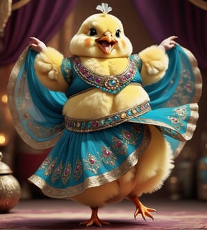   portrait of Dressed animals - a ((fat)) ((baby chick)) dancer,(furry), (dynamic dancing:2.0), (swinging arms :2.0),(happy smile:1.2),high quality,(happy),(lovely) ,intricate details, (sheer veil), highly detailed (( gypsy belly dancing clothes)) ,highly detailed decorations of clothes, Wearing gypsy belly dancing clothes, , (happy), soft lighting,(full body image:1.5),simple background,(viewed from side:2.0),comic book