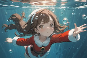 foreshortening,  depth of field, masterpiece, best quality, 1girl, brown hair, brown eyes,  long hair, underwater, air bubble, solo, looking at viewer, (wearing Santa Claus costume), swimming,  dappled sunlight, 