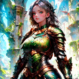 (((Top Quality: 1.4))), (Unparalleled Masterpiece), (Ultra High Definition), (Art by Carne Griffiths), (Ultra-Realistic 8k CG), official art,attractive posing, female gladiator, stunningly beautiful cleaned face,highly detailed armor , messy Hair,  muscular_body:1.4, tanned skin:1.4,,large breasts,( stone buildings background),sunlight makes beautiful gradient of shadow and adds depth to image, (muted colors, dim colors, muted tones: 1.3), low saturation, (hyper detail: 1.2), perfect anatomy,(upper body image :1.5),Female,dragon armor