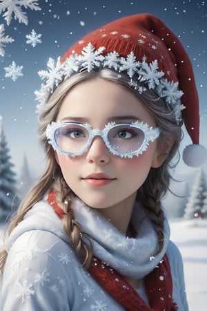 
In this Christmas scene, a petite girl stands alone in the snowy landscape. She wears a red Christmas hat, and her long hair dances in the chilly breeze.wearing snowflake glasses, Wrapped in a deep red wool sweater, her scarf is adorned with delicate snowflake patterns.

The cold air tinges her cheeks with a slight rosy hue, while her eyes sparkle with warm anticipation. The slightly upturned face reveals a hope for the Christmas miracle. Snowflakes create a silver crown on her hair, as if crafting an ice and snow tiara for her.

Though her hands are not visible from behind, her posture exudes tranquility and expectation. Surrounding her is a silver-clad snowy scene, with a Christmas tree adorned with dazzling lights and gifts. The entire scene emanates warmth and joy, as if the magic of Christmas is about to unfold around her.,snowflake glasses