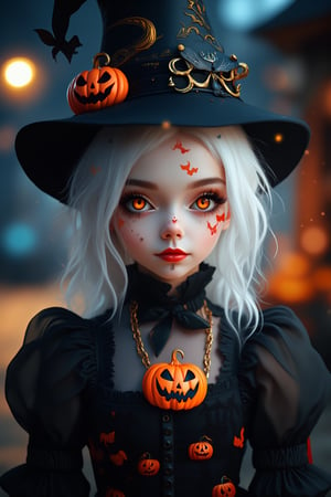 (Best Quality, 8K, 32K, masutepiece:1.3), Ultra-detailed, (Photorealistic:1.4), white colors, albino,Gothic punk girl,12yo Girl with Halloween paint on her face,(playful look), Detailed eyes, Upper body, Luxurious punk hair, Edgy Halloween fashion,(Halloween atmosphere),in Gothic Haloween costume and hat, Pumpkin motif accessories,necklace and earrings,  Avant-garde Halloween makeup, Numerous piercings,,night sky background, Backlight effect, Shallow depth of field, Blurry background,score_9, score_8_up, score_7_up, score_6_up, score_5_up, score_4_up,