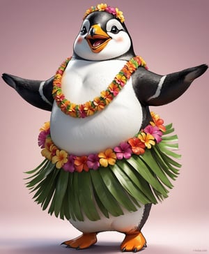  portrait of Dressed animals - a ((fat)) cute penguin hula dancer,(hula dancing:2.0), (swinging arms :2.0),(happy smile:1.2),high quality,(happy),(lovely) ,intricate details, (furry), highly detailed ((female hula dance costume)) ,highly detailed decorations, wearing (bikini) aloha shirts and flower lei , (happy), studio lighting,(full body image:1.5),simple background,(viewed from side:2.0),(perfect hands)comic book,comic book