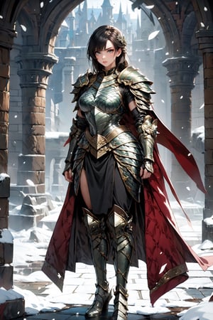 Beautiful 27 year old woman, (brown eyes), ((strong physique body)), (black hair), long_hair: 1.3, , bangs, (serious look), hourglass body shape, detailed eyes, normal breasts quality, slim waist, (strong physique), upper body , gauntlets, (detailed armor), lower body armor, black cape, broken stone floor, broken stone wall, snow falling, ((full-body_portrait)), (evil aura around her), Commander of knights,dragon armor