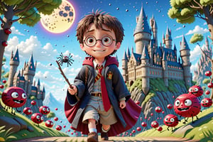 a poster with a cartoon Harry Potter in witch's robe and red tie, black round_glasses,walking in the night wilderness,(cute spiders are hanging dawn from trees),being surprised to see spiders,ornaments of Halloween,castle background ,animation style rendering, cute 3 D rendering. Unreal Engine 5, stylized anime, cute detailed digital art, Atey Ghailan 8 K, stylized 3D rendering, adventure surreal rendering, anime style 3D, 3D rendering style, super cute image that sparks joy,3d style,PEOPShockedFace