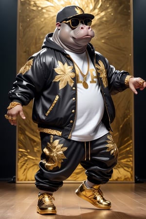 Dressed animals - a fat hippo hip hop dancer, ((dancing and singing)), god of hip hop, highly detailed ((hip hop fashion)) , highly detailed accessories , (wearing sunglasses and cap),dancing pose,wearing a jacket and hoodie delicately depicted with gold leaf detailing, printed onto a substantial and regal coat,Emphasize the intricate application of gold foil to capture the strength and valor of hip hop dancer. Ensure a visually stunning representation that combines the opulence of gold leaf with the historical passion of hip hop , creating a unique and impressive fashion through innovative image generation techniques.",abmhandsomeguy,(full body image:1.8), stadio lighting