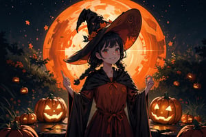   absurdres, highres, ultra detailed, (1girl:1.3), kawaiiBREAK  ,,(carries Jack o'lanterns ),(( orange witch's big hat and orange intricate robe)), shining eyes , twin_braid , black hair , little girl, 10 years old,(lovely smile),magic circle background,in forest,happy Halloween atmosphere, fluid textures,,moonlight,intricate details, 32k digital painting, hyperrealism, (vivid color,abstract background:1.3, colorful:1.3, flowers:1.2, pumpkins:1.1,zentangle:1.2, fractal art:1.1) , parted bangs, SUPER HIGH quality, in 8K , intricate detail, ultra-detailed,(action pose:1.5),(upper body image:1.5),realhands,Circle