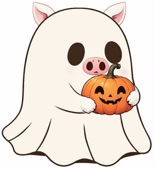 realistic illustration of  ghost, high quality,(cute) ,(),intricate detailed ghost, ,pig ears , pig nose,,holding pumpkin,Halloween atmosphere, simple  white background,score_9, score_8_up, score_7_up, score_6_up, score_5_up, score_4_up,comic book