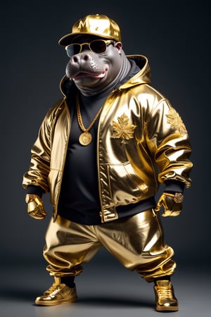  Dressed animals - a (fat) hippo hip hop dancer, ((dancing and singing)), god of hip hop, highly detailed ((hip hop fashion)) , highly detailed accessories , (wearing sunglasses and cap),dancing pose,wearing a jacket and hoodie delicately depicted with gold leaf detailing, printed onto a substantial and regal coat,Emphasize the intricate application of gold foil to capture the strength and valor of hip hop dancer. Ensure a visually stunning representation that combines the opulence of gold leaf with the historical passion of hip hop , creating a unique and impressive fashion through innovative image generation techniques.",(full body image:1.8), studio lighting,monster