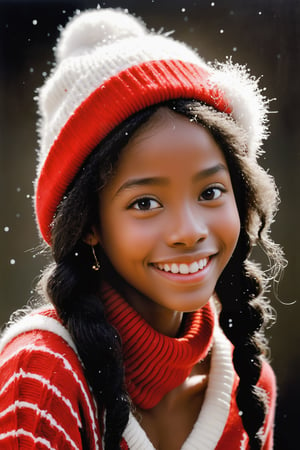 Mezzotint color print of a beautiful young black 
girl , wearing red knit and white knit hat,tangled hair, detailed face, lovely smile,simple red dress, art by Jean-Baptiste Monge,art by Hans Bellmer,beautymix