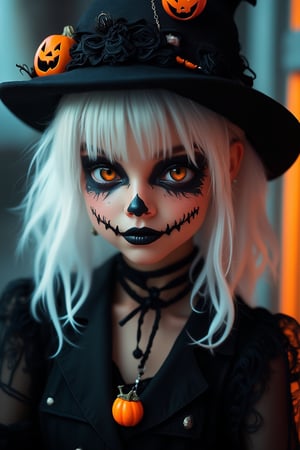 (Best Quality, 8K, 32K, masutepiece:1.3), Ultra-detailed, (Photorealistic:1.4), white colors, albino,Gothic punk girl,12yo Girl with Halloween paint on her face,(playful look), Detailed eyes, Upper body, Luxurious punk hair, Edgy Halloween fashion,(Halloween atmosphere),in Gothic Haloween costume and hat, Pumpkin motif accessories,necklace and earrings,  Avant-garde Halloween makeup, Numerous piercings,,night sky background, Backlight effect, Shallow depth of field, Blurry background,score_9, score_8_up, score_7_up, score_6_up, score_5_up, score_4_up,