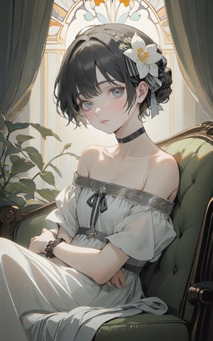 A portrait of a 12-year-old girl, looking at viewer, small breasts, she is wearing white silk off shoulder dress, hair ribbon, choker, 
black short hair, grey eyes, eyeshadow, blush, stylish pose, 
leaning on couch, flora and fauna, light rays, rim light, Rembrandt-lighting, art nouveau, Alphonse Mucha,
