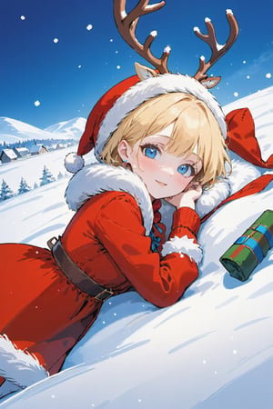 best quality, ultra-detailed, illustration, 1girl lying,  in a field of snow, red dress, white snowflakes,  earrings, looking at viewer, blue eyes, red ribbon,red hat, necklace,winter jacket with fur, blonde hair, short hair, reindeers belong her,