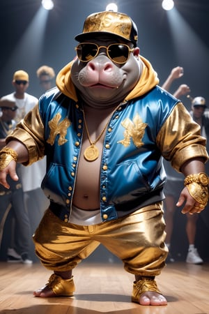 Dressed animals - a fat hippo dancer, ((dancing and singing)), god of hip hop, highly detailed ((hip hop fashion)) , highly detailed decorations, wearing sunglasses and cap,dancing pose,wearing a jacket delicately depicted with gold leaf detailing, printed onto a substantial and regal coat,Emphasize the intricate application of gold foil to capture the strength and valor of hip hop dancer. Ensure a visually stunning representation that combines the opulence of gold leaf with the historical passion of hip hop , creating a unique and impressive fashion through innovative image generation techniques.",abmhandsomeguy,(full body image), stadio lighting
