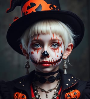 (Best Quality, 8K, 32K, masutepiece:1.3), Ultra-detailed, (Photorealistic:1.4), white colors, albino,15yo cute Girl with Halloween heavy paint on her face, child-like face, Detailed eyes, Upper body, Luxurious punk hair, Edgy Halloween fashion,(Halloween atmosphere),in Gothic Haloween costume and hat, Pumpkin motif accessories,necklace and earrings,  Avant-garde Halloween makeup, Numerous piercings,,night sky background, Backlight effect, Shallow depth of field, Blurry background,score_9, score_8_up, score_7_up, score_6_up, score_5_up, score_4_up,