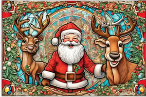 Happy, big smiles on  first christmas,  Santa Claus and reindeer,intricate details,
 blessed, welcoming , cute, adorable, vintage, art on a cracked paper, fairytale, patchwork, stained glass, storybook detailed illustration, cinematic, ultra highly detailed, tiny details, beautiful details, mystical, luminism, vibrant colors, complex background