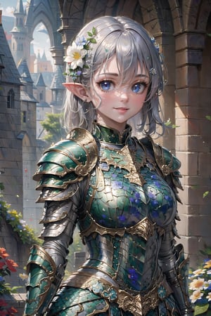 (masterpiece, best quality), (ultra detailed),(absurdres), 1 girl wearing armor,(baby face:1.1),pointy ears,right bule hair,kindly smile,(flower:1.4),Matte Painting,upper body,(fantasy world),stone buildings,dragon armor