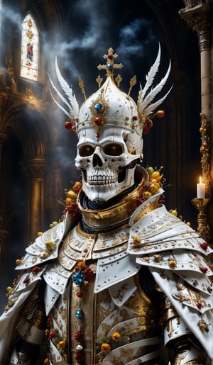 (((Top Quality: 1.4))), (Art by Giuseppe Arcimboldo),,(Unparalleled Masterpiece),(Ultra High Definition),(Ultra-Realistic 8k CG),cyborg evil priest , horror, highly detailed embellished white Vestment, highly gold detailed priest's crown , in dark ruins of church,8 life size, eerie white light penetrating makes gradient of shadows and adds depth to images, (magic mysterious background,, glowing particles, ethereal fog, faint darkness), hype realistic cover photo awesome full color, Cinematic, (hyper detail: 1.2),, perfect anatomy,more detail XL,Leonardo Style,cyborg style,detailmaster2,((full body image:1.8)),cyborg