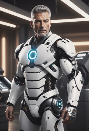 ald, muscular white man in his fifties, hazel eyes, dressed in TGRON legacy style suit, with machines in the background, with cinematic lighting, extremely detailed. 8k,monster,cyborg style,cyborg,android,make_3d,Movie Stile