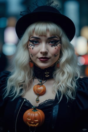 (Best Quality, 8K, 32K, masutepiece:1.3), Ultra-detailed, (Photorealistic:1.4), white colors, albino, Punk Girl with Halloween paint on her face, Detailed eyes, Upper body, Luxurious punk hair, Edgy Halloween fashion,(Halloween atmosphere),in Gothic Haloween costume and hat, Pumpkin motif accessories,necklace and earrings,  Avant-garde Halloween makeup, Numerous piercings,,night sky background, Backlight effect, Shallow depth of field, Blurry background,score_9, score_8_up, score_7_up, score_6_up, score_5_up, score_4_up,reversal film photography