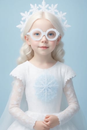 (Photorealistic Stick: 1.2), Sharp focus, (wearing snowflake glasses), Albino angel girl with seductively beautiful alabaster skin, 10 years old, cute face, detailed and perfect face, cuteness loved by everyone ,
A bright smile full of compassion, beautiful red lips, big eyes, soft expression, light blue pupils, white eyelashes, white hair,
Her porcelain-white skin, reflecting an almost heavenly glow, (((Victorian wedding dress, expensive, intricately designed tiara)), with intricate lacework and intricate details of lace and embroidery. Pure white wedding dress, (dancing, random pose, changing pose, dynamic angle,), happy atmosphere,snowflake glasses