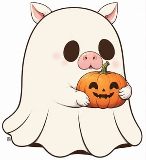 realistic illustration of  ghost, high quality,(cute) ,(),intricate detailed ghost, ,pig ears and nose,,holding pumpkin,Halloween atmosphere, simple  white background,score_9, score_8_up, score_7_up, score_6_up, score_5_up, score_4_up,comic book