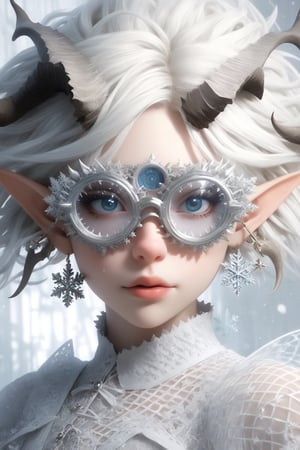 1 girl, (masterful), albino demon girl with lethargic sleepy smokey eyes,(white dreadlocks hair),((slit pupil eyes)),mesh fishnet blouse, (long intricate horns:1.2) ,wearing snowflake glasses,
best quality, highest quality, extremely detailed CG unity 8k wallpaper, detailed and intricate, 
,steampunk style,Glass Elements,snowflake glasses