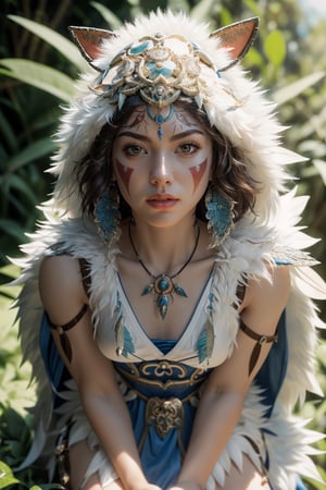fashion photography portrait of 1girl, princess mononoke,(wearing (princess mononoke coscume)),sitting,face paint,muscular body,slim abs,in blue lush jungle with flowers , 3d render, cgi, symetrical, octane render, 35mm, bokeh, 9:16, (intricate details:1.12), hdr, (intricate details, hyperdetailed:1.15), (natural skin texture, hyperrealism, soft light, sharp:1.2),(full body image:1.5),realistic,realism,photorealistic,Masterpiece,nargacuga armor,Realism,More Detail,princessmononoke,character,1 girl,viewed from above