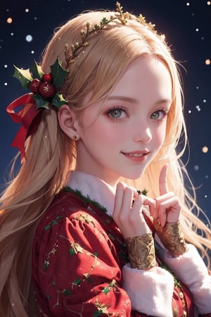 Christmas theme:1.5,portrait of a beautiful swiss girl,lovely smile:1.2,wearing gothic christmas dress,bizarre,floral,Luminous,(christmas atmosphere)