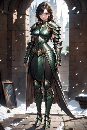 Beautiful 27 year old woman, (brown eyes), ((strong physique body)), (black hair), long_hair:1.3, , bangs, (serious look), hourglass body shape, detailed eyes, normal breasts quality, slim waist, (strong physique), upper body , gauntlets, (detailed armor), lower body armor, black cape, broken stone floor, broken stone wall, snow falling, ((full-body_portrait)), (evil aura around her), Commander of knights,dragon armor