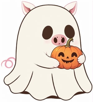 realistic illustration of  ghost, high quality,(cute) ,(),intricate detailed ghost, ,pig ears , pig nose,pink pig tail,holding pumpkin,Halloween atmosphere, simple  white background,score_9, score_8_up, score_7_up, score_6_up, score_5_up, score_4_up,comic book