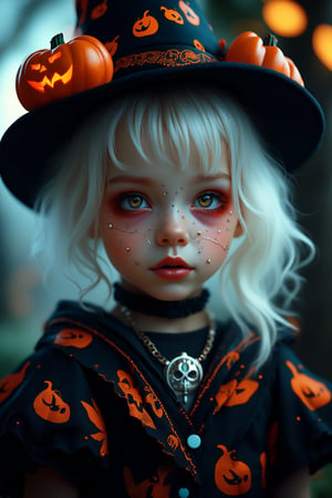 (Best Quality, 8K, 32K, masutepiece:1.3), Ultra-detailed, (Photorealistic:1.4), white colors, albino,Gothic punk girl,12yo cute Girl with Halloween paint on her face, Detailed eyes, Upper body, Luxurious punk hair, Edgy Halloween fashion,(Halloween atmosphere),in Gothic Haloween costume and hat, Pumpkin motif accessories,necklace and earrings,  Avant-garde Halloween makeup, Numerous piercings,,night sky background, Backlight effect, Shallow depth of field, Blurry background,score_9, score_8_up, score_7_up, score_6_up, score_5_up, score_4_up,