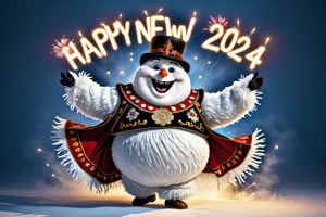 photorealistic portrait of Dressed animals - a fat baby abominable Snowman cossack dancer,(cossack dancing dynamic action pose), high quality,(lovely) ,intricate details, highly detailed ((cossack dance costume)) ,highly detailed decorations,, (happy), studio lighting,(full body image:1.5),AiArtV,(text that says "Happy New Year 2024":2.0)