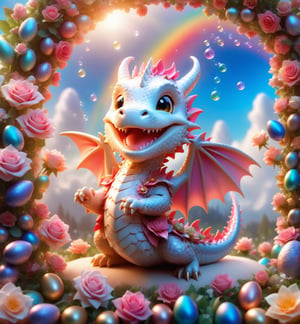 chibi cute dragon smiling charmingly, nestled among roses, gifts and golden seeds, framed by a verdant lawn dotted with Easter eggs, against a backdrop of blue skies and rainbow arches with floating soap bubbles, in a charmingly pose, photographed by Miki Asai with macro lens precision, trending on ArtStation with Greg Rutkowski's detailed fantasy style in 9k resolution, sharp focus aperture F 1.5, intricate details, setting studio photography, ultra high,cute dragon