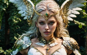 (wide angle),(Aetherpunk style:1.4),8k , ultra quality ,nature,pagan imagery,intricate detailed, beautiful valkyrie ,gold detailed holy gorgeous armor,intricate detailed wide angelic wings,spreading angelic wings wide,utopia,magic,detailed,mages,outdoors,amazing scenery,(highly detailed:1.2),(ultra realism:1.2), realistic, detailed, textured, skin, platinum white hair, green eyes, by Alex Huguet, Mike Hill, Ian Spriggs, JaeCheol Park, Marek Denko
,detailmaster2,more detail XL,(half body image),realistic