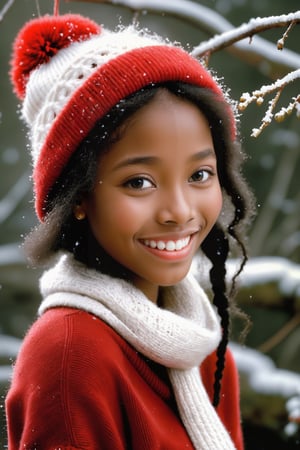 Mezzotint color print of a beautiful young black 
girl , wearing red knit and white knit hat,tangled hair, detailed face, lovely smile,simple red dress, art by Jean-Baptiste Monge,art by Hans Bellmer,beautymix