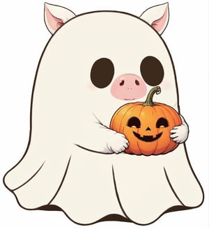 realistic illustration of  ghost, high quality,(cute) ,(),intricate detailed ghost, ,pig ears and nose,,holding pumpkin,Halloween atmosphere, simple  white background,score_9, score_8_up, score_7_up, score_6_up, score_5_up, score_4_up,comic book