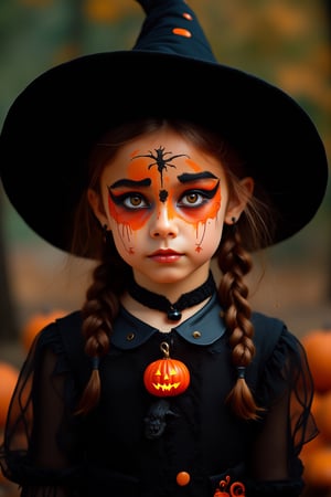 upper body portrait of 10yo cute girl with (Halloween paint on face), in Gothic Haloween costume and hat, (glaring at camera:1.5),(gothic),fractal punk, braid hair, matte painting portrait shot, beautiful girl, pink fair skin, she is dressed in Halloween clothes, Pumpkin motif accessories,necklace and earrings, Halloween atmosphere, heavy makeup,orange theme,score_9, score_8_up, score_7_up, score_6_up, score_5_up, score_4_up,