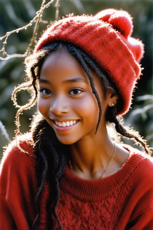 Mezzotint color print of a beautiful young black 
girl , wearing red knit hat,tangled hair, detailed face, lovely smile,simple red dress, art by Jean-Baptiste Monge,art by Hans Bellmer,beautymix