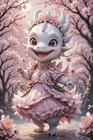  portrait of cute dragon,(dancing  pose), high quality,(big smile) ,intricate details, highly detailed dress ,smile,highly detailed flower decorations, long tail , (wind effect), cherry_blossom background,sun light,(full body image:1.5),more detail XL,,cute dragon,sticker