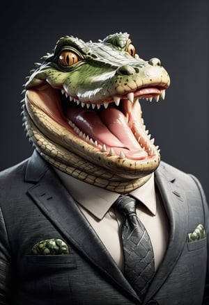 face close up illustration of anthropomorphic (fat)baby crocodile ,(cute), (lovely),dressed in a dark gray suit, (sticking out tongue:1.5),(happy smiling eyes:1.5),(smile:1.2),wearing glasses, soft lighting, Cinematic, hdr, primitive, Intricate, High quality, smoothing tones, Intricate details, Low contrast,(viewed from side:2.0), (looking at viewer:1.5), simple background,comic book