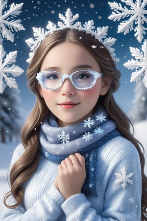 
In this Christmas scene, a petite girl stands alone in the snowy landscape. She wears a red Christmas hat, and her long hair dances in the chilly breeze.wearing snowflake glasses, Wrapped in a deep red wool sweater, her scarf is adorned with delicate snowflake patterns.

The cold air tinges her cheeks with a slight rosy hue, while her eyes sparkle with warm anticipation. The slightly upturned face reveals a hope for the Christmas miracle. Snowflakes create a silver crown on her hair, as if crafting an ice and snow tiara for her.

Though her hands are not visible from behind, her posture exudes tranquility and expectation. Surrounding her is a silver-clad snowy scene, with a Christmas tree adorned with dazzling lights and gifts. The entire scene emanates warmth and joy, as if the magic of Christmas is about to unfold around her.,snowflake glasses