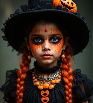 half body portrait of 10yo indian beautiful girl with Halloween heavy makeup on face, in Gothic Haloween costume and hat,higly detailed skin texture ,(looking at camera:1.5),(gothic),fractal punk, orange braid hair, matte painting portrait shot, beautiful girl, pink fair skin, she is dressed in Halloween clothes, Pumpkin motif accessories,necklace and earrings, Halloween atmosphere, heavy makeup,orange theme,score_9, score_8_up, score_7_up, score_6_up, score_5_up, score_4_up,