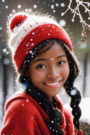 Mezzotint color print of a beautiful young black 
girl , wearing red knit and white knit hat,tangled hair, detailed face, lovely smile,simple red dress, snowing background,art by Jean-Baptiste Monge,art by Hans Bellmer,beautymix