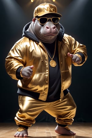 realistic photo of Dressed animals - a fat hippo hip hop dancer, ((dancing and singing)), god of hip hop, highly detailed ((hip hop fashion)) , highly detailed accessories , (wearing sunglasses and cap),dancing pose,wearing a jacket and hoodie delicately depicted with gold leaf detailing, printed onto a substantial and regal coat,Emphasize the intricate application of gold foil to capture the strength and valor of hip hop dancer. Ensure a visually stunning representation that combines the opulence of gold leaf with the historical passion of hip hop , creating a unique and impressive fashion through innovative image generation techniques.",abmhandsomeguy,(full body image:1.8), stadio lighting