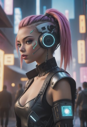 (top-quality,8K,32K,​masterpiece,UHD:1.3),ultra high res,(Photorealsitic:1.4),RAW photo, cyber punk girl,A detailed cute face,cyber punk hair,cyber punk fashion,highly detailed clothes,half body shot,
,cyber punk city background,Back light effect, lens flare,depth of fields,cyberpunk